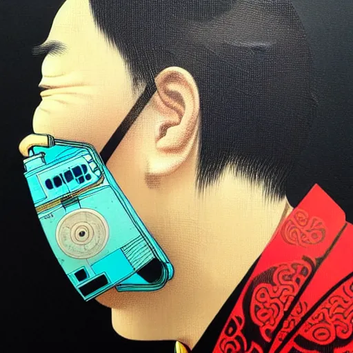 Prompt: portrait of a chinese man :: side profile :: oxygen mask :: clockwork implant :: intricate details :: 8k :: by vikings and Sandra Chevrier