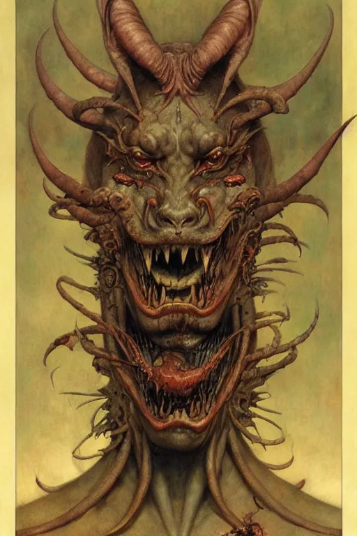 Image similar to a portrait of goetoc demon bune by wayne barlowe, gustav moreau, goward,  Gaston Bussiere and roberto ferri, santiago caruso, and austin osman spare, ((((occult art))))