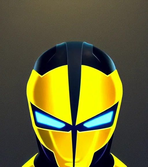 Image similar to symmetry!! yellow ranger, lightning - bolt - shaped helmet!!, hard edges, product render retro - futuristic poster scifi, lasers and neon circuits, yellow ranger, thunder, lightning, intricate, elegant, highly detailed, digital painting, artstation, concept art, smooth, sharp focus, illustration, dreamlike, art by artgerm