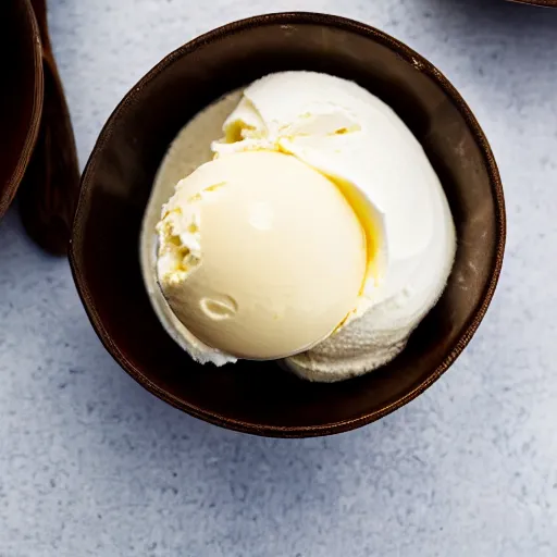 Image similar to closeup of a bowl with three balls of plain vanilla ice cream. Simplistic. Food photography.