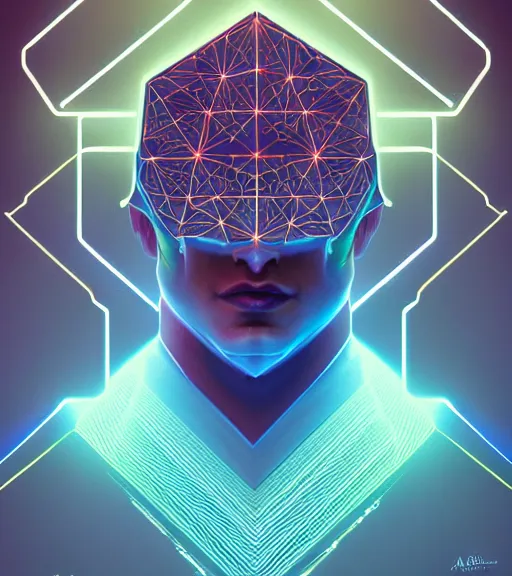 Image similar to symmetry!! arab prince of technology, solid cube of light, hard edges, product render retro - futuristic poster scifi, lasers and neon circuits, handsome arab prince, intricate, elegant, highly detailed, digital painting, artstation, concept art, smooth, sharp focus, illustration, dreamlike, art by artgerm