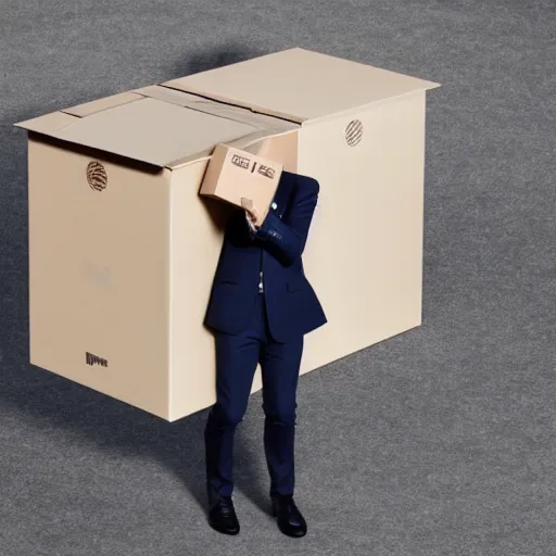 Image similar to photography, emmanuel macron carries a box, relocation, photorealistic, detailed, studio lighting, 4 k