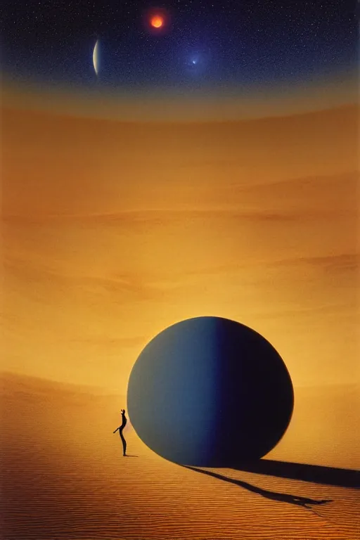 Prompt: emissary deep space by arthur haas and bruce pennington and john schoenherr, cinematic matte painting, zaha hadid and james turrell building, photo realism, dark color palate, golden hour stars, desolate desert landscape,