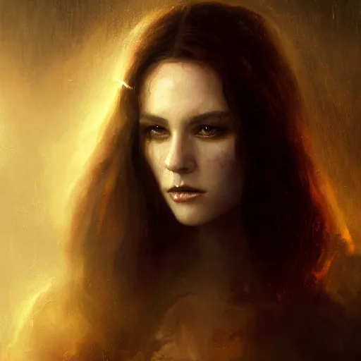 Image similar to majestic gracious regal aristocratic female brunette vampire portrait, atmospheric lighting, painted, menacing, intricate, volumetric lighting, beautiful, rich deep colours masterpiece, golden hour, sharp focus, ultra detailed, by leesha hannigan, ross tran, thierry doizon, kai carpenter, ignacio fernandez rios