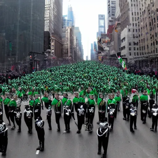 Prompt: a parade of the dead marching down 5 th ave manhattan on st. patrick's day, 8 k, photo realistic, extremely life like