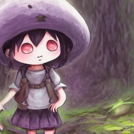 Image similar to cute little girl with a mushroom hat in dark forest, cute artwork, clean detailed, inspired in made in abyss