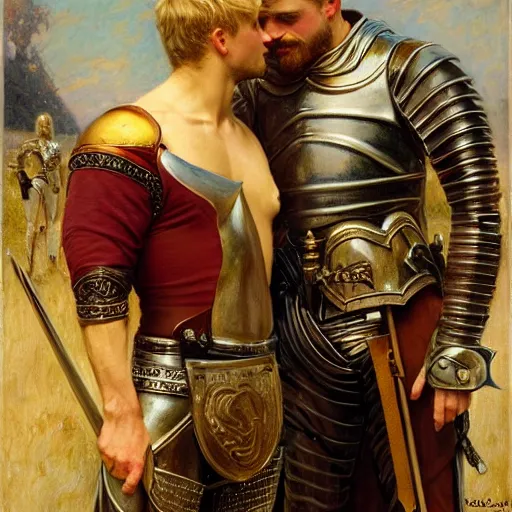 Image similar to attractive arthur pendragon confesses his love for his attractive knight. highly detailed painting by gaston bussiere and j. c. leyendecker 8 k