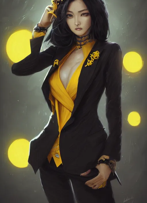 Image similar to a highly detailed illustration of meisa kuroki wearing black suit and tie with coattails, yellow eyes, dramatic pose, intricate, elegant, highly detailed, centered, digital painting, artstation, concept art, smooth, sharp focus, league of legends concept art, wlop.