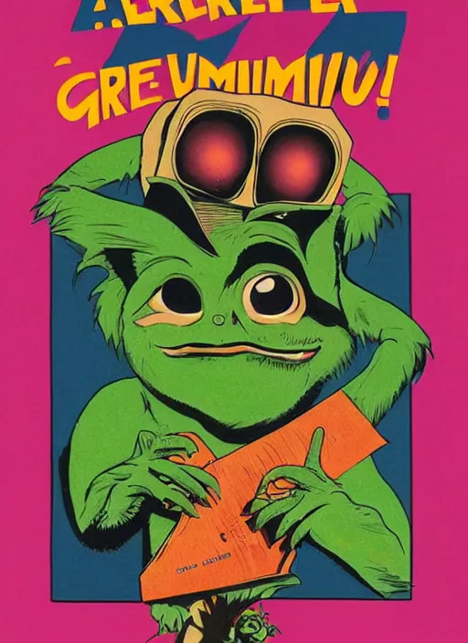 Image similar to a book with a picture of a gremlin ( 1 9 8 4 ) on it, poster art by harvey kurtzman, behance contest winner, pop surrealism, concert poster, poster art, movie poster