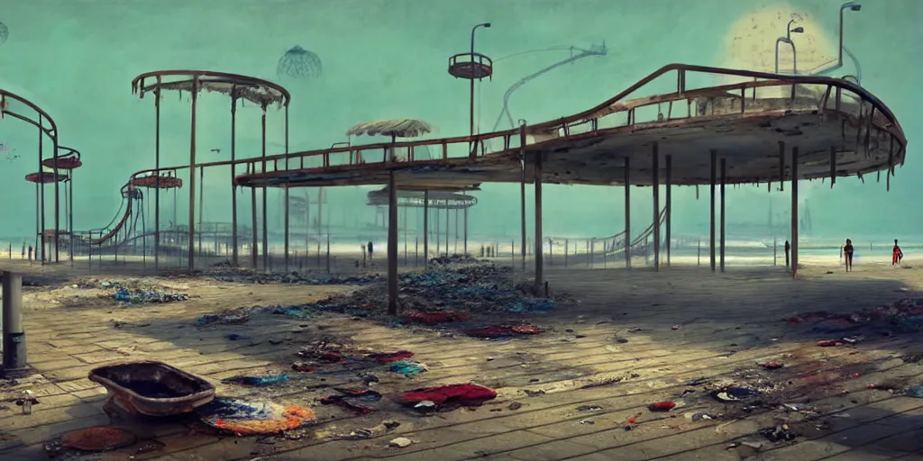 Image similar to concept art of a polluted beachfront with a broken pier and abandoned amusement park attractions, grimy, gritty, trending on artstation, award winning painting, cgi, art by filip hodas and zhang kechun