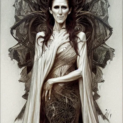 Image similar to beautiful lifelike award winning pencil illustration of celine dion as a scary wraith with her mouth wide open trending on art station artgerm greg rutkowski alphonse mucha museum quality cinematic atmospheric