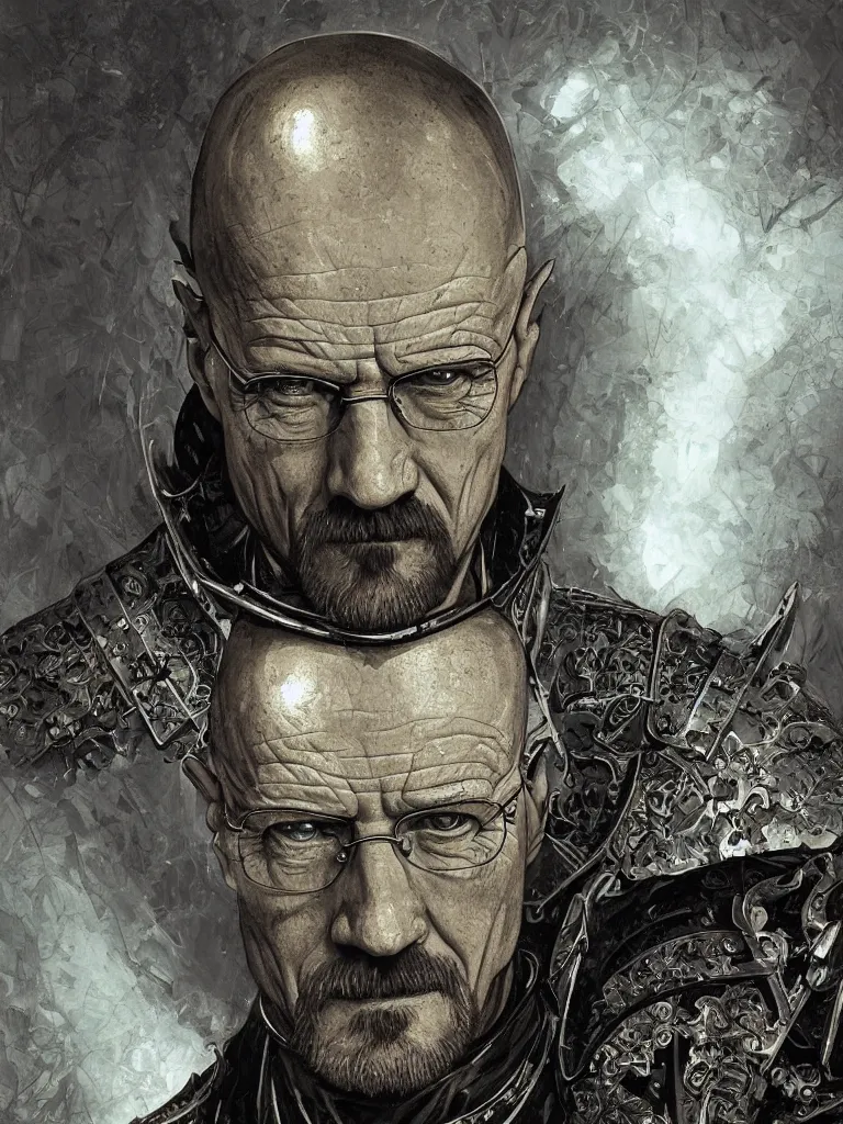 Image similar to Walter white, European beautiful luxury and evil and victorian and gothic medieval white armor knight portrait, front face, ultradetail face, ruined gothic cathedral, art and illustration by tian zi and craig mullins and WLOP and alphonse mucha, ssci-fi, fantasy, intricate complexity, human structure, hypermaximalist, fantasy character concept, dynamic lighting, shafts of golden light, f/1.2, hyperrealism 8k