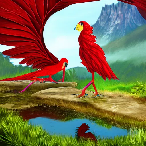 Prompt: prompt Harpy-Girl, red feathered wings, sitting at a pond, mountainous area, trees in the background, digital art