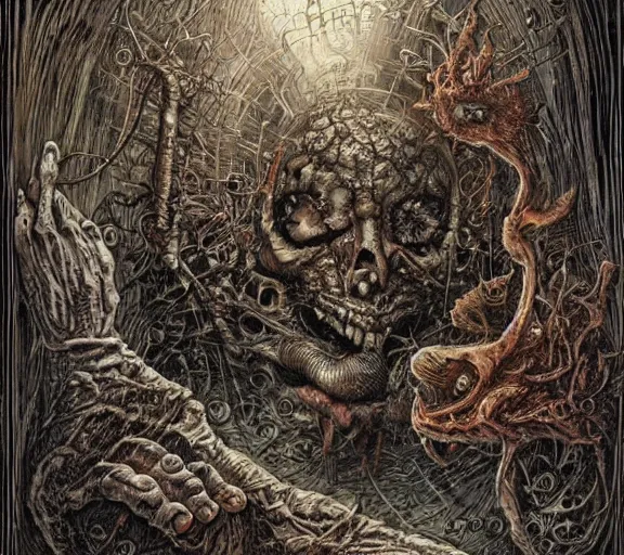 Prompt: A horror illustration design of a prophecy book from hell revealing the fate of mankind,by M.W.kaluta , Andrew Ferez , Billelis ,aaron horkey, peter gric,trending on pinterest,rococo,hyperreal,maximalist,glittering,feminine-H 768
