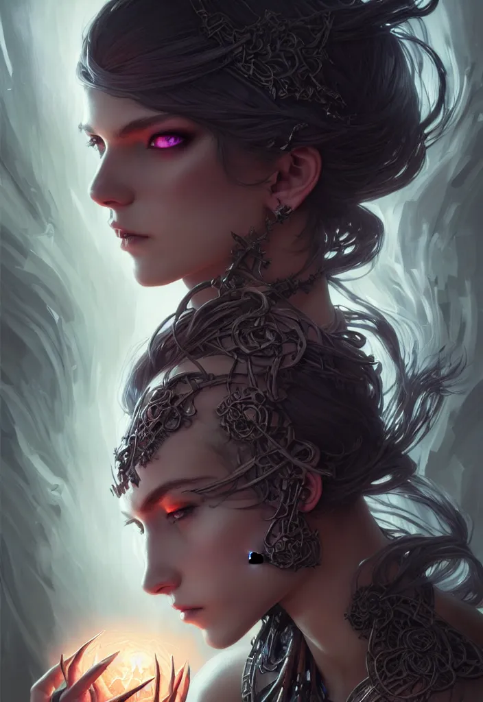 Image similar to Necromancer Sorceress, fantasy magic, undercut hairstyle, dark light night, intricate, elegant, sharp focus, illustration, highly detailed, digital painting, concept art, matte, art by WLOP and Artgerm and Greg Rutkowski and Alphonse Mucha, masterpiece