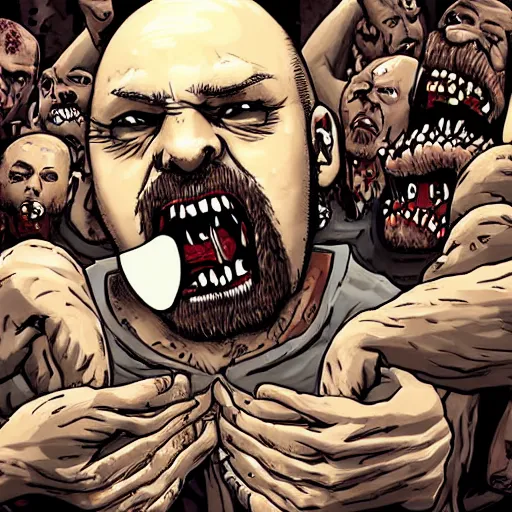 Image similar to bald man with a pointy beard being eaten by a horde of zombies