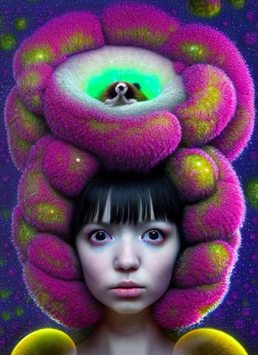 Image similar to hyper detailed 3d render like a Oil painting - kawaii portrait Aurora (black haired Singer Ferret) seen Eating of the Strangling network of yellowcake aerochrome and milky Fruit and Her delicate Hands hold of gossamer polyp blossoms bring iridescent fungal flowers whose spores black the foolish stars by Jacek Yerka, Mariusz Lewandowski, Houdini algorithmic generative render, Abstract brush strokes, Masterpiece, Edward Hopper and James Gilleard, Zdzislaw Beksinski, Mark Ryden, Wolfgang Lettl, hints of Yayoi Kasuma, octane render, 8k