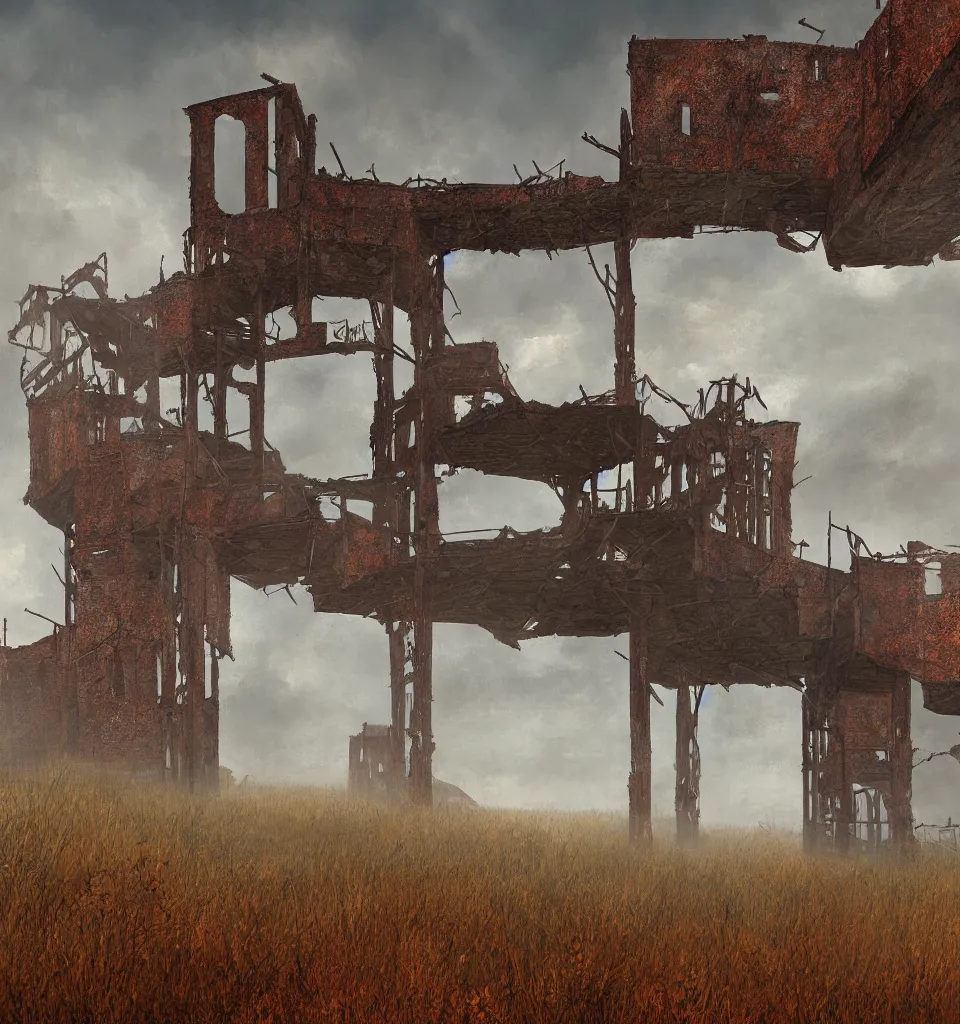 Image similar to rusty broken building constructions of a giant staircase, the ruins, in the steppe, autumn field, misty background, from the game pathologic 2, matte painting, by isaac levitan and asher brown durand,