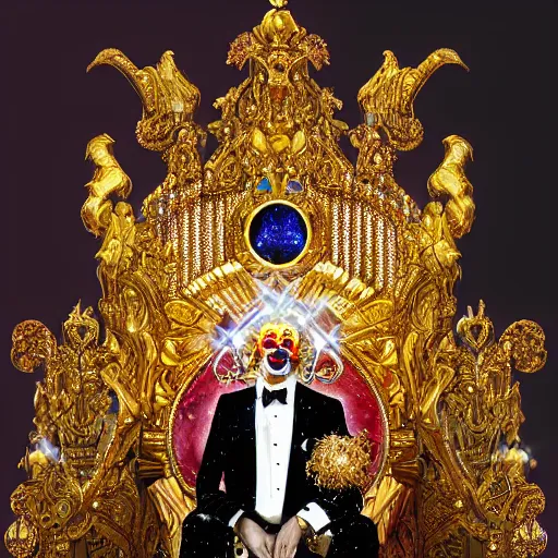 Image similar to shining giant throne made of millions of diamonds, gold and sapphires with thousands of light reflections, and a clown on a tuxedo suit is sitting on the throne while handing an earth model, dramatic light, digital painting, ultradetailed, artstation, oil painting