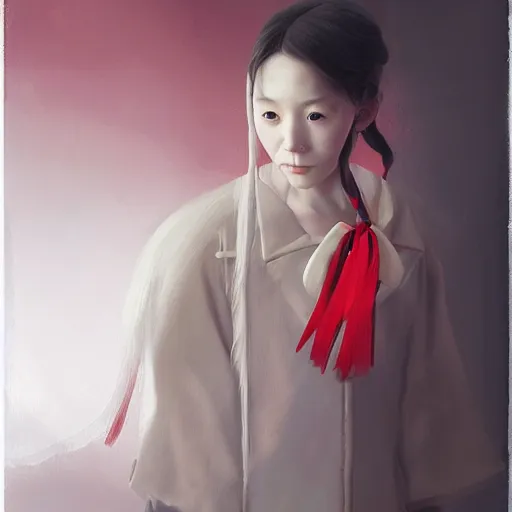 Image similar to Portrait of a japanese young lady with a long white!!!!!!! long white hair (and a red ribbon), Rim Lighting, Lantern, by Sergey Kolesov