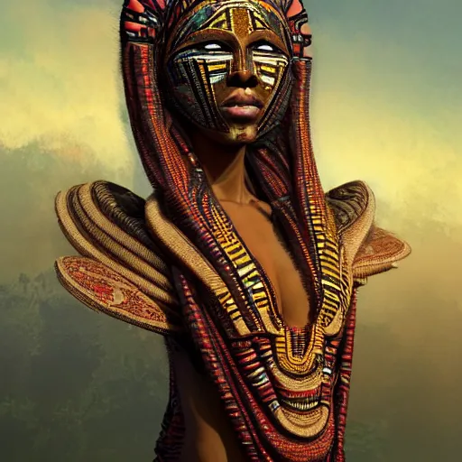 Image similar to a beautiful woman with an african mask, wearing an african dress, shaman, zulu, by alex gray and android jones, karol bak, ilya golitsyn, ayami kojima, amano, concept art, character design, fantasy, 3 d, 8 k resolution