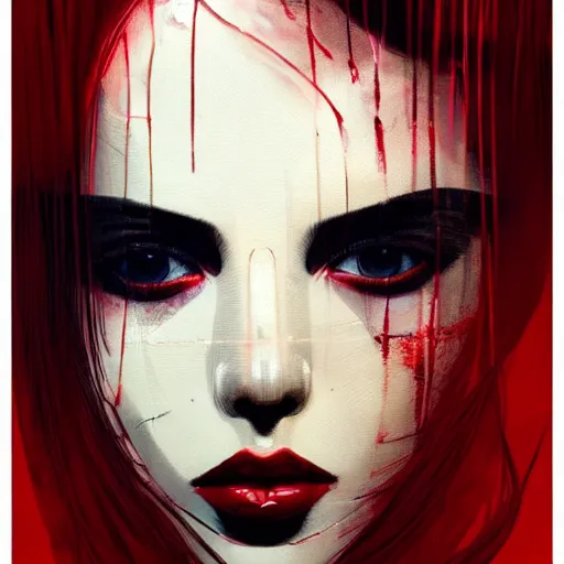 Image similar to lips sewn shut surrounded by red curtains by Conrad Roset and Nicola Samuri, close-up shot, rule of thirds, seductive look, beautiful, intricate, dystopian, sci-fi, extremely detailed, digital painting, artstation, concept art, smooth, sharp focus, illustration, intimidating lighting, incredible art, details visible, very dark ambiance