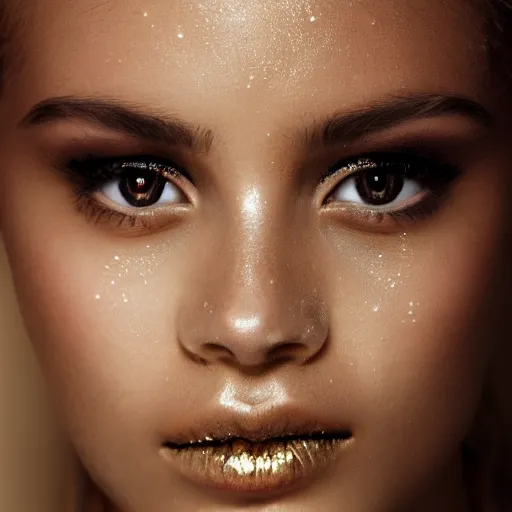 Image similar to extreme close up portrait of stunningly beautiful girl, staring in the camera, symmetrical, gold dust make up, high res photo, 8 k, 5 0 mm 1. 8, bokeh, by mario testino