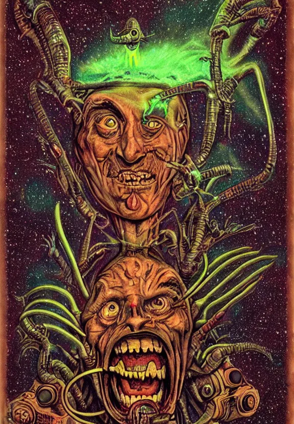 Image similar to subgenius, x - day, aliens, weird stuff, occult stuff, devil stuff, extreme detail, muted colors, bioluminescent glow, vintage, stained paper, hyperrealism, stage lighting