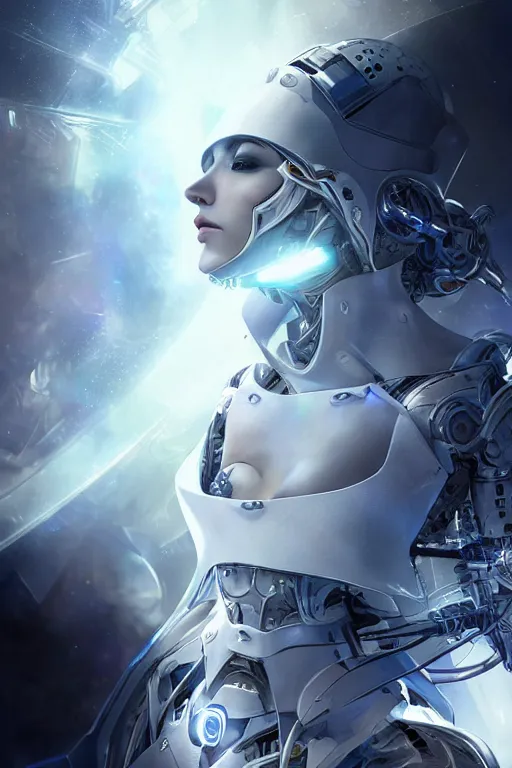 Image similar to beautiful cyborg priestess, scifi, perfect face, futuristic, elegant cape, aura of light, glow, concept art, sharp focus, inside a space ship, trending on artstation, hwang se - on, intricate, advanced technology, art by roman makarenko and simon almeida and marcos melco