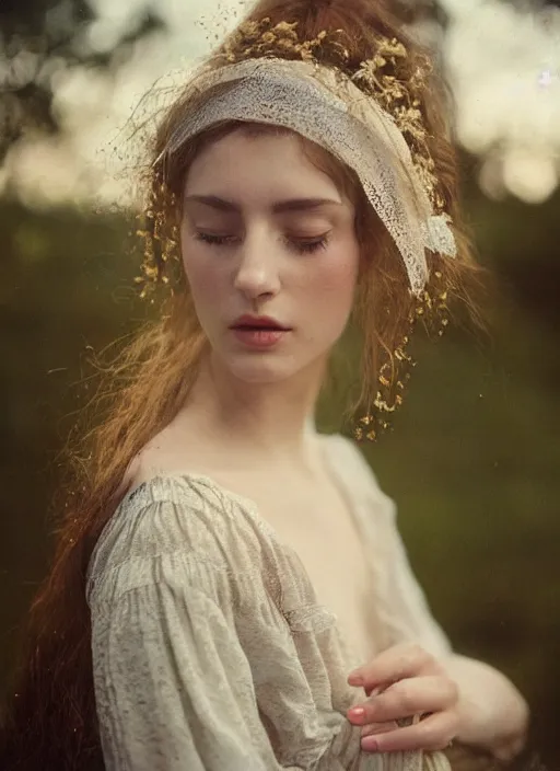 Image similar to Kodak Portra 400, 8K, soft light, volumetric lighting, highly detailed, britt marling style 3/4, Close-up portrait photography of a beautiful woman how pre-Raphaelites a woman with her eyes closed is surrounded by water, she has a beautiful lace dress and hair are intricate with highly detailed realistic beautiful flowers , Realistic, Refined, Highly Detailed, natural outdoor soft pastel lighting colors scheme, outdoor fine art photography, Hyper realistic, photo realistic