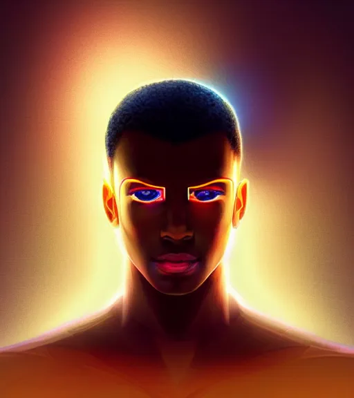 Image similar to symmetry!! egyptian prince of technology, solid cube of light, hard edges, product render retro - futuristic poster scifi, lasers and neon circuits, brown skin man egyptian prince, intricate, elegant, highly detailed, digital painting, artstation, concept art, smooth, sharp focus, illustration, dreamlike, art by artgerm