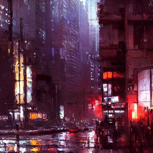 Prompt: cyberpunk cityscape, downtown scene, beautiful details, painting by jeremy mann