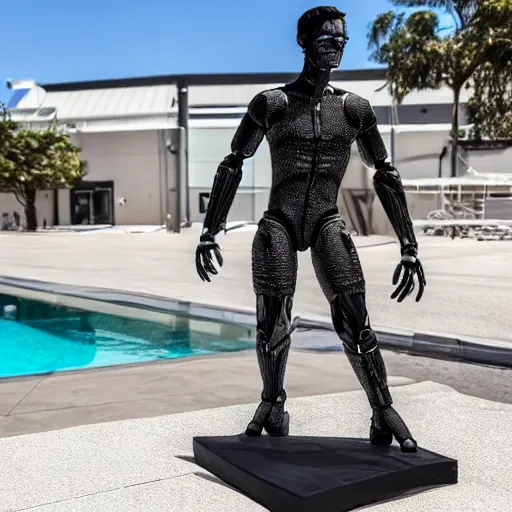 Image similar to a realistic detailed photo of a guy who is an attractive humanoid who is half robot and half humanoid, who is a male android, wrestler finn balor, shiny skin, posing like a statue, blank stare, by the pool, on display, showing off his muscles, humanoid robot, frozen ice statue