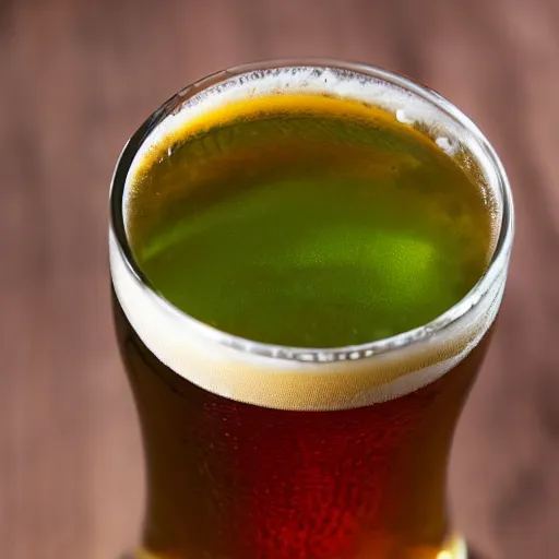 Prompt: a high quality wide shot of a tasty glass of beer, with a dense foam, there is hops on the table, blur background