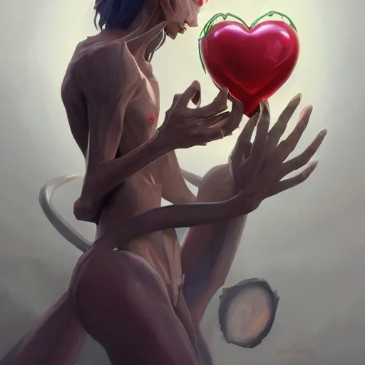 Prompt: A skinny goblin holding a shiny Sacred Heart, by Stanley Artgerm Lau, WLOP, Rossdraws, James Jean, Andrei Riabovitchev, Marc Simonetti, Yoshitaka Amano, ArtStation, CGSociety,