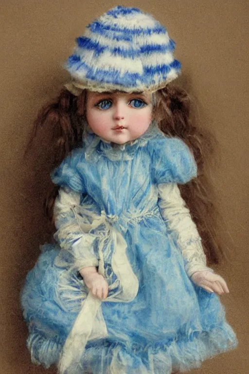 Prompt: cute doll girl big eyed with blue striped dress and fuzzy hat by jean - baptiste monge