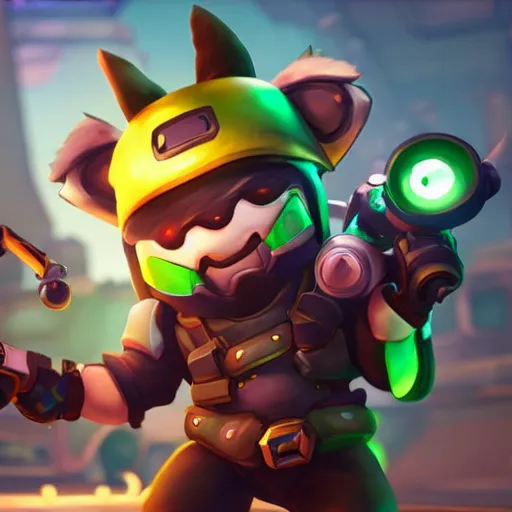 Image similar to teemo is the newest overwatch character, kings row in the background, octane render, blender render, unreal engine, standing pose, cinematic lighting, symmetrical, never underestimate the power of the scouts code