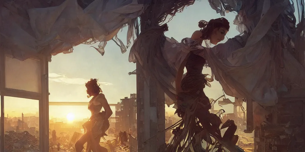 Image similar to seen from broken window!! garbage dump, city is pure wasteland, sunset in background, detailed characters, alphonse mucha, greg rutkowski, trending on artstation, artgerm, breathtaking, sharp focus, smooth, mark arian, award winning, highly detailed 4 k art