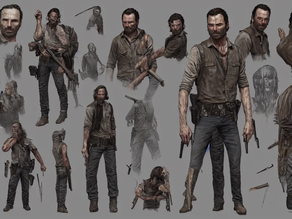 Image similar to character design sheet, rick grimes, the walking dead, fantasy, medieval, vivid colors, concept art, sharp focus, digital art, Hyper-realistic, 4K, Unreal Engine, Highly Detailed, HD, Dramatic Lighting by Brom, trending on Artstation