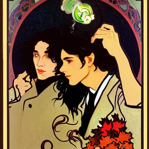 Image similar to painting of young cute handsome beautiful dark medium wavy hair man in his 2 0 s named shadow taehyung and cute handsome beautiful min - jun together at the halloween! party, bubbling cauldron!, candles!, smoke, autumn! colors, elegant, wearing suits!, delicate facial features, art by alphonse mucha, vincent van gogh, egon schiele