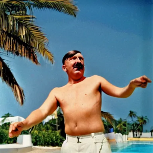 Image similar to adolf hitler enjoying the summer in cuba, photo made by Slim Aarons, award winning,