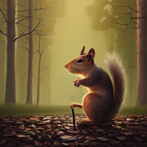 Image similar to an old squirrel walking with a walking cane, painted by Mike Winkelmann