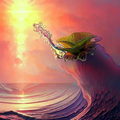 Image similar to detailed giant orchid flower surrounded by ocean wave, lsd water, lsd droplets, transparent dew, backlit, sunset, refracted lighting, art by collier, albert aublet, krenz cushart, artem demura, alphonse mucha