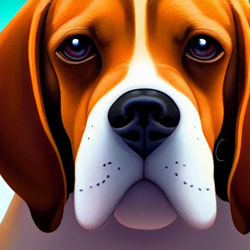 Image similar to centered!! macro head portrait of a beagle, artstation, detailed cartoon, elegant, digital painting, concept art, smooth, sharp focus, illustration, ghibli, makoto shinkai, don bluth, fujita goro, jean giraud, akihiko yoshida, tom whalen 8 k