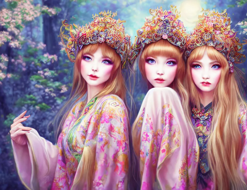 Image similar to two beautiful fashion siberian girls wear fantasy kimono in festival | | big eyes, sunny, dreamlike art, realistic shaded, smile, good looking, hyper details, 4 k realistic, cryengine, realistic shaded lighting poster by artgerm, ross tran, fuji choko, loish, 8 k resolution, trending on artstation, luxury