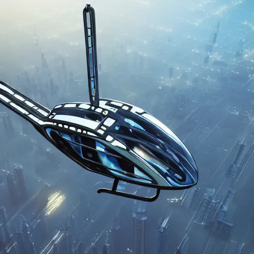 Image similar to amazingly detailed futuristic helicopter with shiny metal and robotic parts flying above large city, hd, artstation, scott robertson