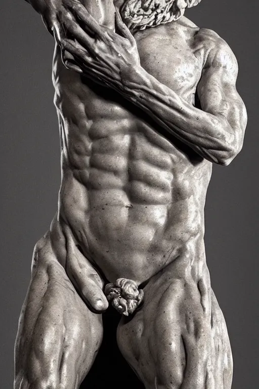 Image similar to epic and dramatic view of unfinished man sculpting himself statue made in tannish polished marble, realistic and ultra detailed by bernini, 8 k