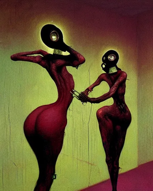 Prompt: Two skinny dark figures wearing gas masks, draped in silky gold, pink and green, inside a decayed surgical room, loss and despair, in the style of Francis Bacon, !!!Esao Andrews!!!, (((Zdzisław Beksiński))), Edward Hopper, 3D HD mixed media, highly detailed and intricate, surreal illustration , art by Takato Yamamoto and James Jean