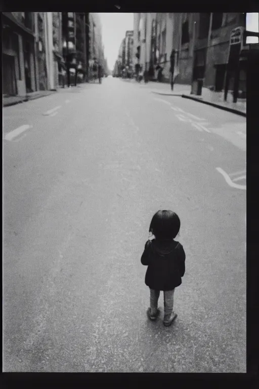 Prompt: polaroid photo of sad and lonely child in the middle of an empty street in a big city, tecnica collodio umido, photorealistic, 35mm film, lens 85mm, f2.8, black and white, polaroid, view camera.