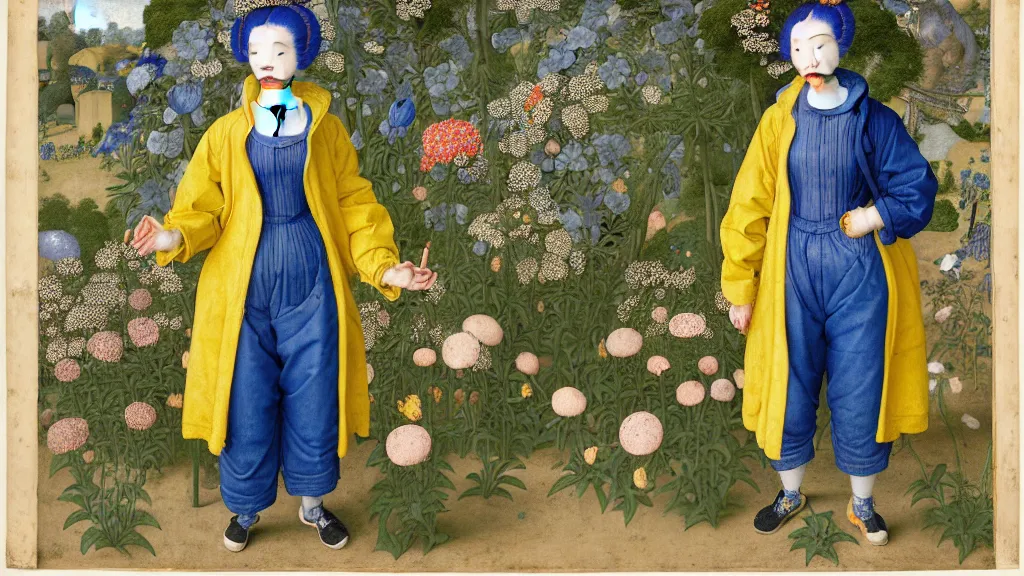 Image similar to portrait of a woman with blue hair buns, wearing a yellow jacket and baggy jeans, standing in a garden full of plants and flowers, intricate details, high detail, in the style of rogier van der weyden and jacopo da pontormo, punk, asian art,